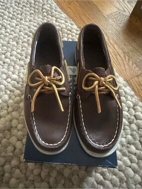 Sperry Brown Leather Kids Moccasins with Yellow Laces